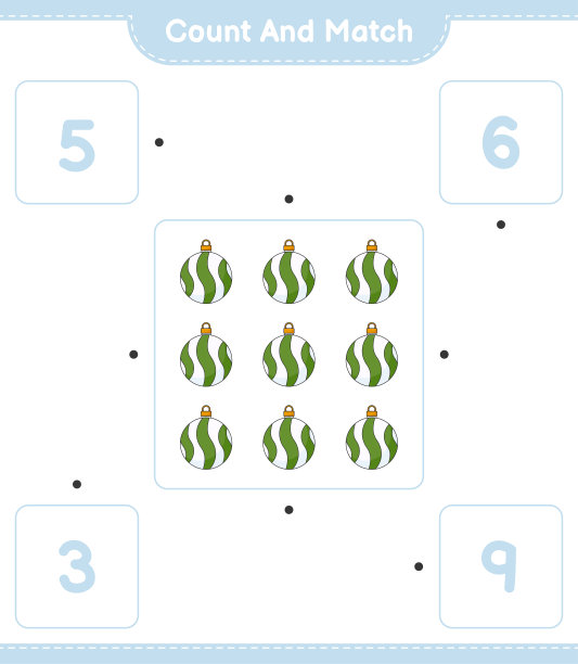 数和配对，数圣诞球的数量，并与正确的数字配对。教育儿童游戏，可打印的工作表，矢量插图图片下载