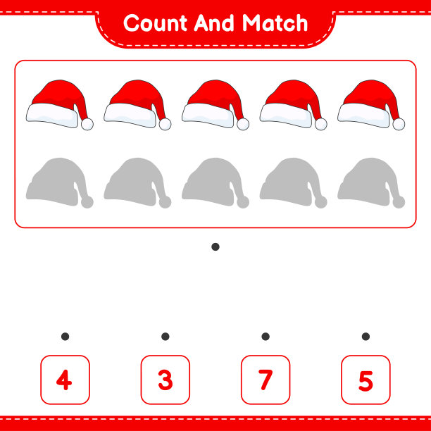 数并配对，数圣诞帽的数量，并与正确的数字配对。教育儿童游戏，可打印的工作表，矢量插图图片下载