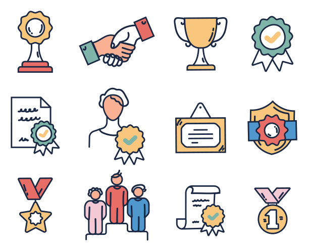 奖项奖章图标等级线奖杯奖励获奖者奖品线风格集。矢量平面平面设计元素概念插画图片下载