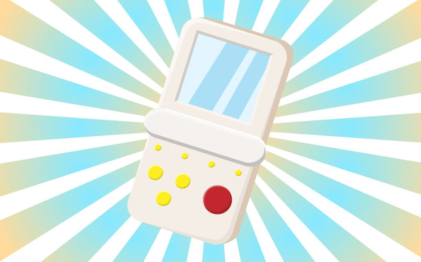 老复古复古潮人海报与便携式游戏机的屏幕和按钮从70年代，80年代，90年代的背景下，橙色的阳光。矢量图图片下载