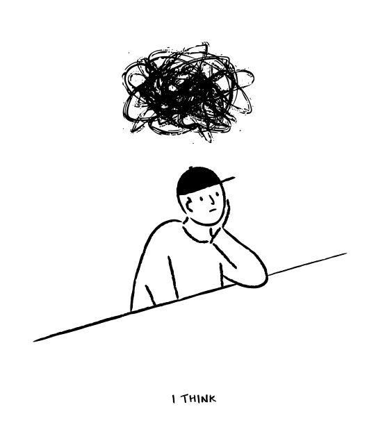 一个人坐在桌子边思考。可爱的沉思的家伙。解决问题的概念。墨水，铅笔，刷子。线条艺术，手绘自然画。徒手画的草图。简单的线条画。矢量图图片下载