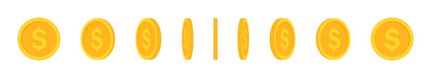 金币动画转身。为电子游戏，卡通，动作设计，应用程序的模板设计。不同形状或位置的美元硬币图片下载