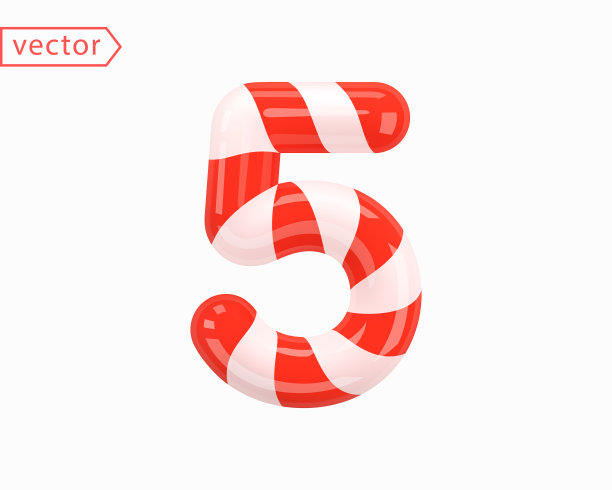 5号。3号标志白色与红色丝带交织在一起。3d数字作为卡通风格的拐杖糖。逼真的光滑物体孤立在白色背景上。3D符号图标矢量插图图片下载
