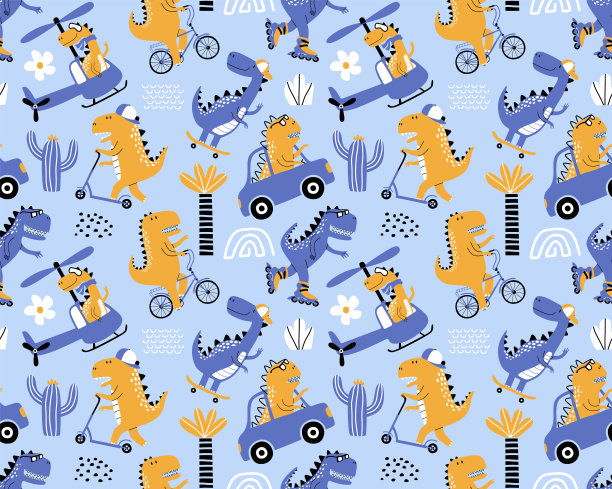 可爱的恐龙无缝图案时尚服装，面料，t恤。图片下载