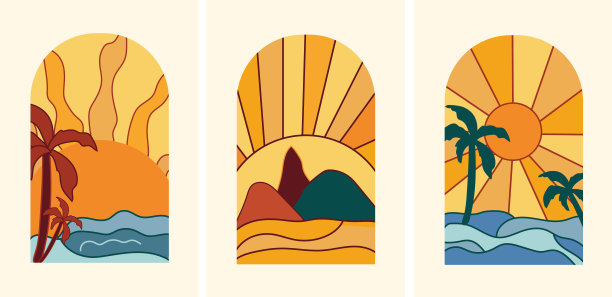 海边有棕榈树的落日海报。集复古日出，完美的图标和符号，海报，明信片，标志。矢量插图。矢量插图。图片下载