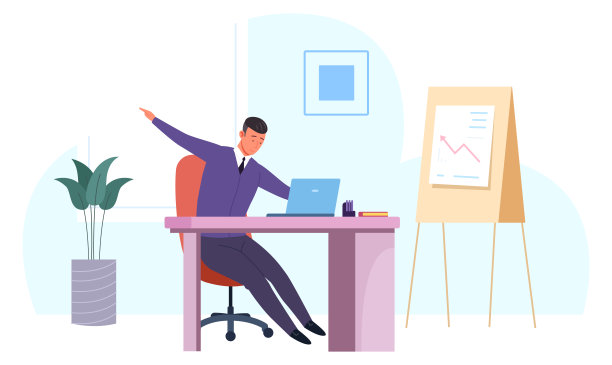 男子在电脑桌前伸展身体。健康锻炼休息隔离在白色图片下载