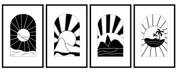 黑白背景的早晨日出。带有大海和棕榈树的最小海报。复古日落，完美的图标和符号，海报，明信片，标志。矢量图图片下载