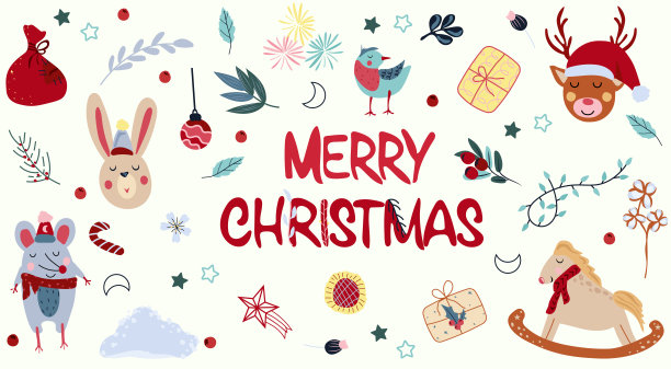 圣诞快乐的横幅上有可爱的老鼠在围巾，摇摆马在复古风格，兔子的头，成堆的雪，松树树枝，一袋礼物等。圣诞和新年的概念。向量。图片下载
