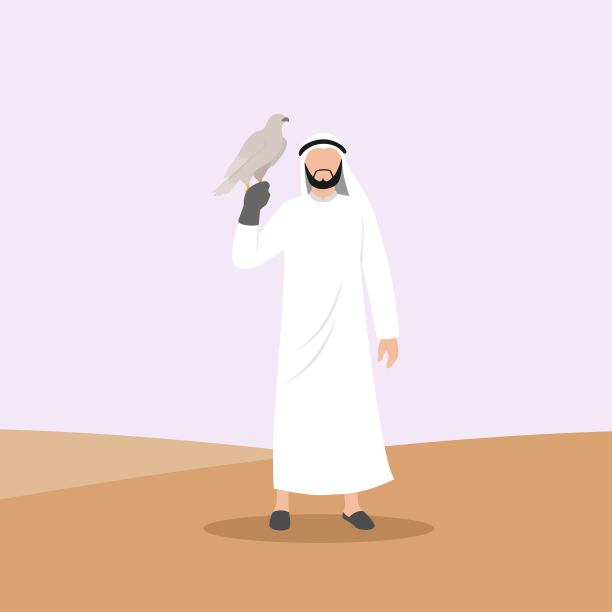 阿拉伯酋长和他的宠物鹰。在风格卡通平面矢量插图图片下载