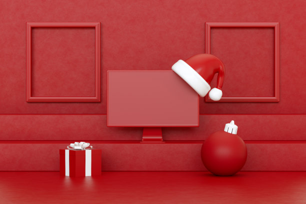 空的电脑显示器屏幕上的梯子红色背景新年圣诞概念图片下载