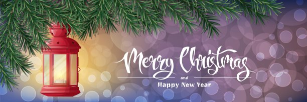 枞树树枝上挂着红灯笼的圣诞横幅。节日的圣诞背景与冬季装饰。矢量插图的横幅，传单，明信片图片下载