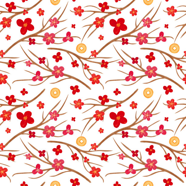 明亮无缝水彩图案与樱花，红花和金币在白色的背景。图片下载
