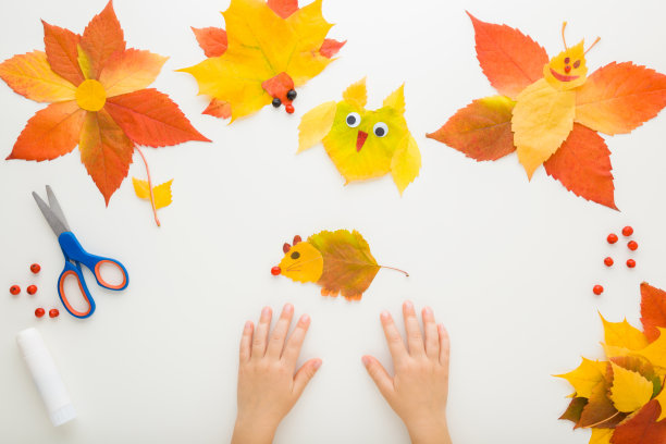 小孩子的手用彩色的树叶在白色的桌子背景上创造了不同的动物形状。幼儿的发展。制作秋季装饰品。视角拍摄。特写镜头。自顶向下视图。图片下载