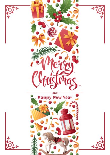 白色背景上有节日装饰的圣诞卡片。有新年装饰元素的海报:礼物、冬青、灯笼、云杉等。适合制作邀请函、明信片、横幅、海报。图片下载