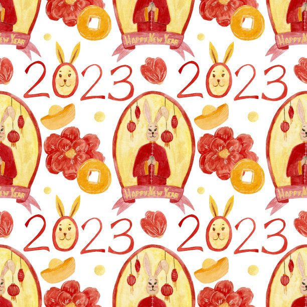 五颜六色的水彩图案，穿着服装的兔子，红色的花朵和金币。图片下载