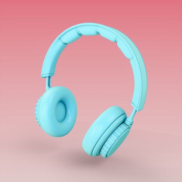 蓝色耳机隔离在粉色背景上图片下载