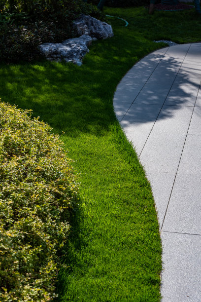 绿色草坪和大理石瓷砖，现代住宅花园景观图片下载