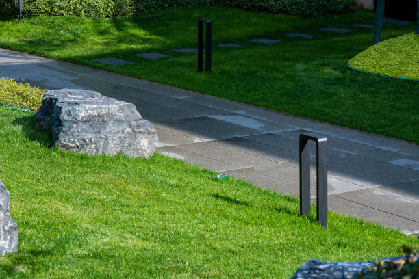 绿色草坪和大理石瓷砖，现代住宅花园景观图片下载