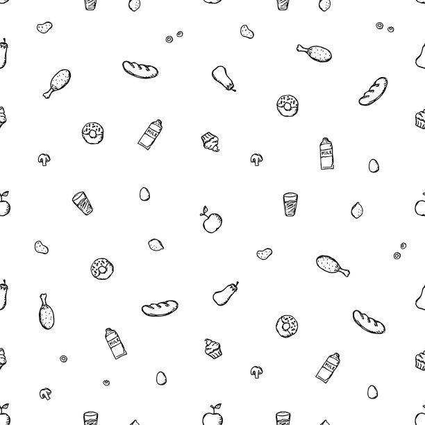 无缝模式与食物图标。食物、蘑菇、糖果、蔬菜和水果的图标。矢量食物图标图片下载