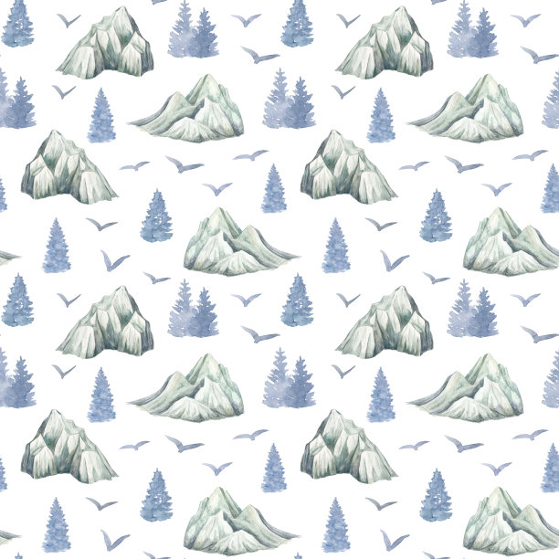 水彩画冬季山脉无缝图案。手绘的高雪峰，蓝色的冷杉树孤立在白色的背景。雾蒙蒙的林地景观。适合远足、旅行、印刷的自然设计。图片下载