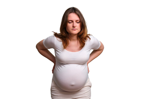 妇女怀孕期间的背痛问题，演播室白色背景图片下载