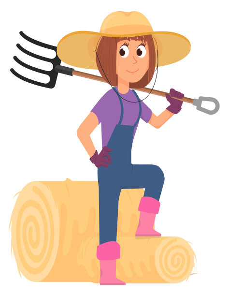 女农民用干草叉堆干草卷。卡通图标孤立在白色上图片下载