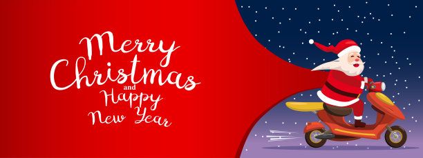 圣诞老人骑着摩托车，递送巨大的圣诞礼物袋。圣诞快乐横幅图片下载