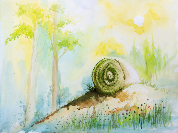 自然水彩画的蜗牛在森林与日出的背景。用刷子和颜料手绘水彩画。图片下载