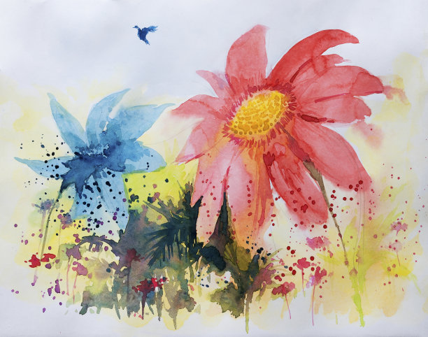 漂亮的手绘艺术抽象水彩花。充满活力的彩色春天插画。图片下载