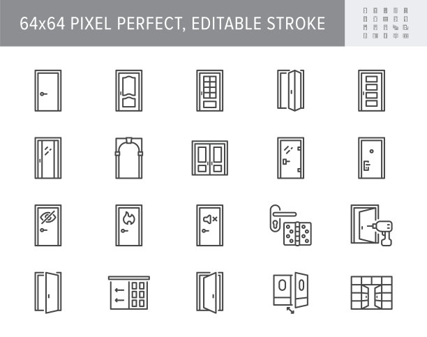 门类型线图标。矢量插图包括图标-滑动，法语，折叠，双折，平齐，拱，摆动，旋转，铰链轮廓象形图的门口。64x64像素完美，可编辑笔画图片下载