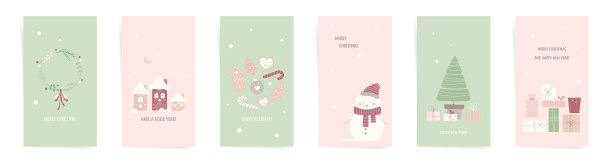 圣诞特卖故事模板集。圣诞绿色红粉色设计的新故事，促销帖，贺卡。冬季设计与雪人，礼品盒，圣诞树，姜饼和花环。图片下载