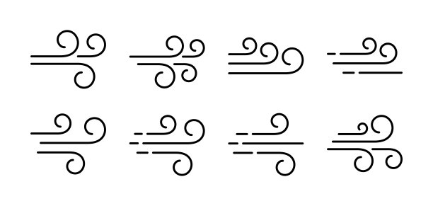 风吹线图标。气流平坦标志。多风天气的象征。气候网站设计元素。卷曲线图标。矢量插图孤立在白色背景上。可编辑的中风图片下载