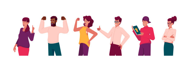 自信的人摆出积极情绪的姿势。成功的快乐男性和女性角色会展示手势图片下载