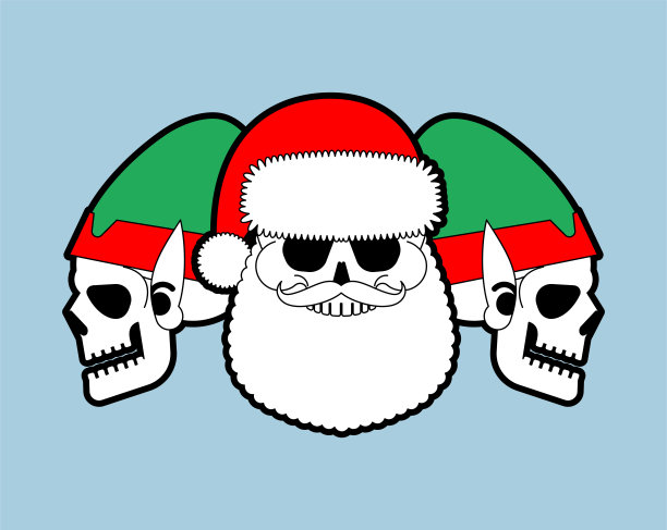 圣诞骷髅套装。圣诞老人的骷髅头和他的助手。圣诞节和新年的恐怖插画。图片下载