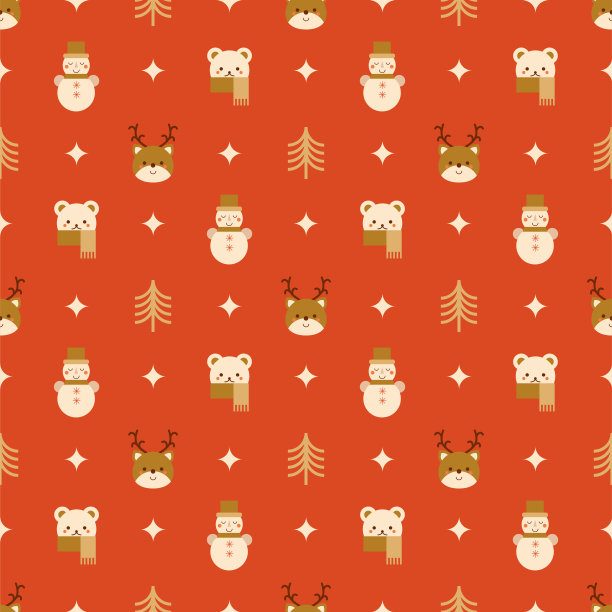 红色圣诞无缝图案装饰小鹿、雪人、北极熊、圣诞树、星星。可爱的孩子寒假重复背景，墙纸，印花，面料，表面。新耶尔向量插图。图片下载