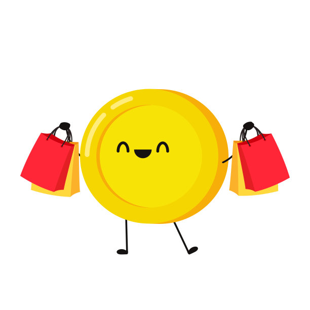 可爱的金币人物。白色背景上孤立的硬币卡通人物。购物袋。年底销售插图。图片下载