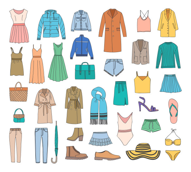 衣服彩色涂鸦插画收藏。服装彩色图标收藏。服装插图设置在矢量。图片下载
