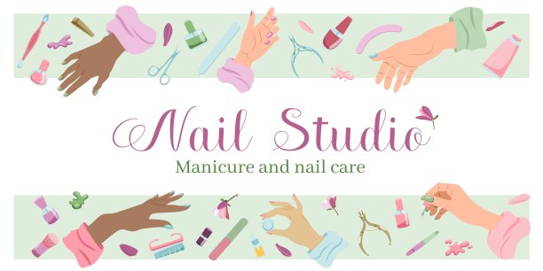 水平旗帜与女性的手和美甲工具设置在平面风格的网页设计图片下载