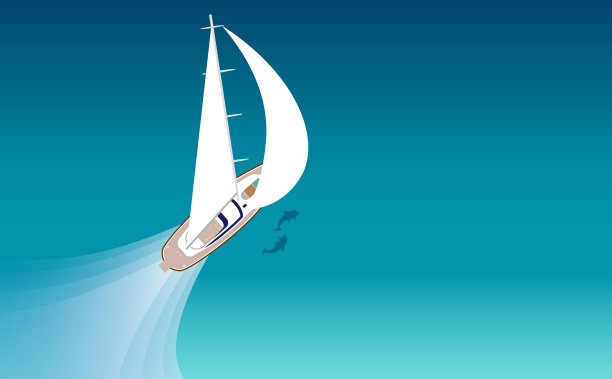插图一艘有白色大帆的帆船与海豚在清澈的蓝色大海中舒适地航行图片下载