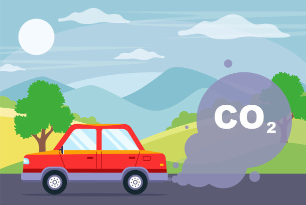 汽车排放大量废气。妄想物质二氧化碳。平面矢量插图。图片下载