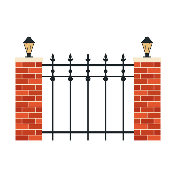 砖做的柱子。砖柱矢量。墙纸。白色背景上的砖柱。金属栅栏。图片下载