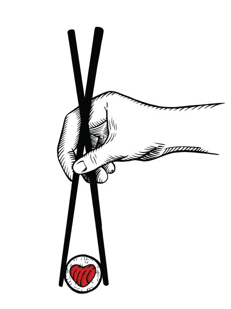 矢量绘图的图形风格。手握中国筷子夹寿司。日本菜，亚洲菜。草图图片下载