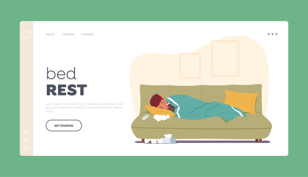 卧床休息登陆页面模板。生病的男孩睡觉时嘴里含着体温计，到处撒手帕图片下载
