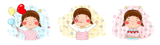 一套快乐的生日派对插画与女孩，气球，蛋糕，蜡烛，五彩纸屑和哨子。可爱的亚洲风格绘画矢量孤立插图。图片下载