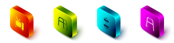 设置等距复古电视步行者哑铃和图标图片下载