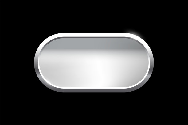 银色椭圆形状的按钮与框架矢量插图。3d钢光泽优雅的设计空椭圆形徽章，奖章或徽章，光泽和梯度光效果的板隔离在黑色背景图片下载
