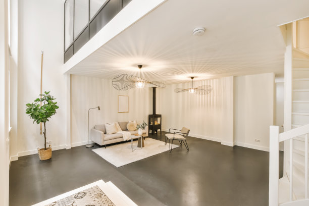 一间有白色墙壁和黑色壁炉的客厅图片下载