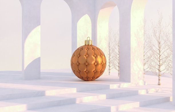 冬天的圣诞场景以几何形式呈现，拱门与基座在自然日光下发光。图片下载
