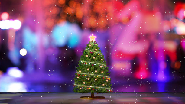 随着雪花的飘落，圣诞树闪闪发光。三维渲染图片下载