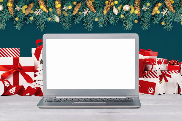 笔记本电脑的前视图与桌子上的模型屏幕图片下载